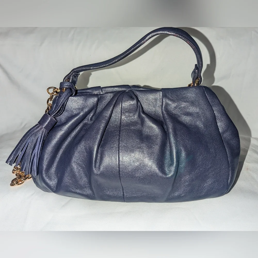 Alfani Navy Leather Ruched Y2K Shoulder Bag with Tassel And Gold Chain Accent